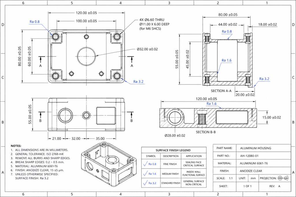2D CAD drawing of precision aluminum electronic housing with surface finish callouts and tolerance dimensions