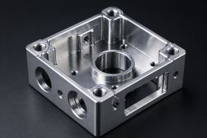 precision CNC machined aluminum electronic housing with reflective surface finish and premium milling texture