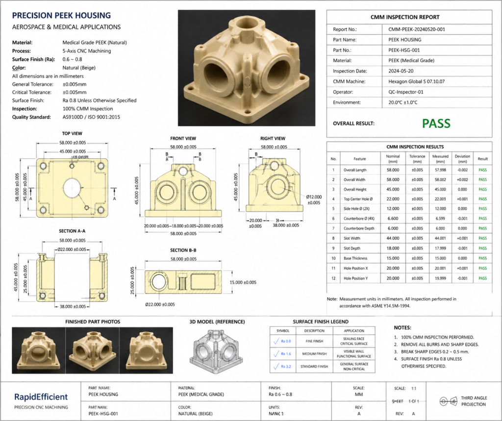 Finished PEEK medical components with a 100% CMM inspection "PASS" report visible