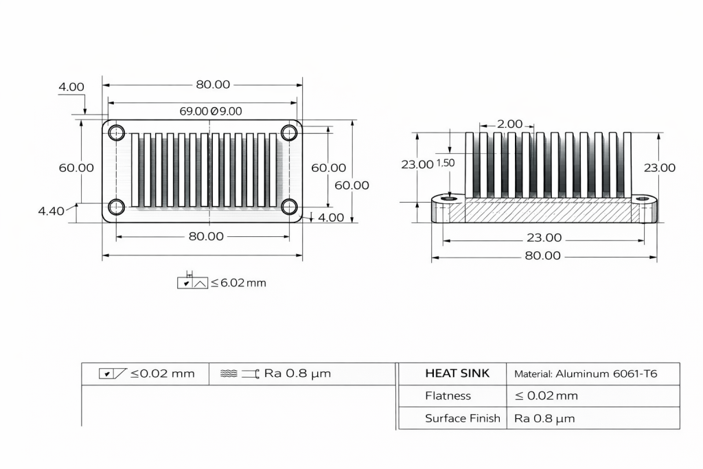 2D engineering drawing of aluminum heat sink with flatness tolerance ≤0.02mm