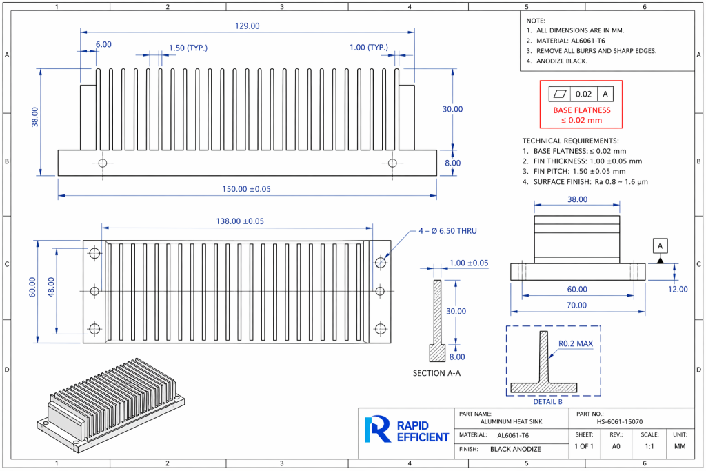 2D engineering drawing of aluminum heat sink with fin dimensions flatness requirement and base thickness