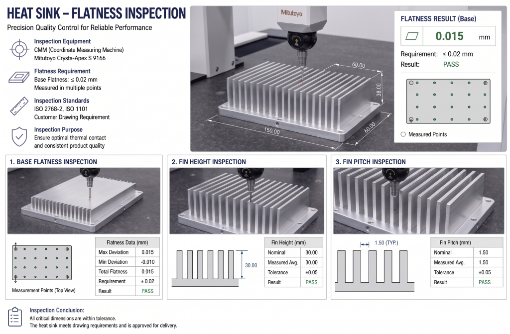 CMM and flatness inspection of CNC machined aluminum heat sink base and fin spacing