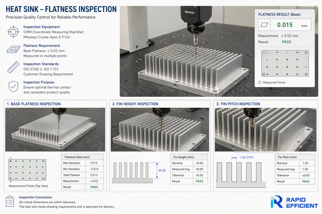 CMM and flatness inspection of CNC machined aluminum heat sink base and fin spacing