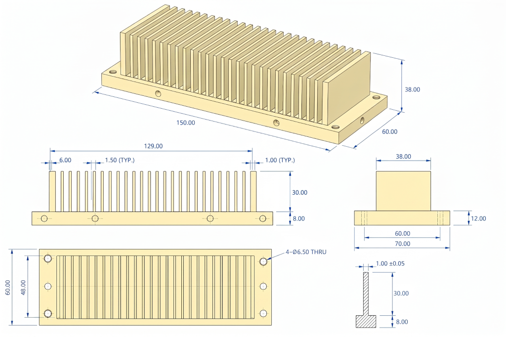 CAD model of aluminum heat sink showing thin fin structure airflow channels and rigid mounting base