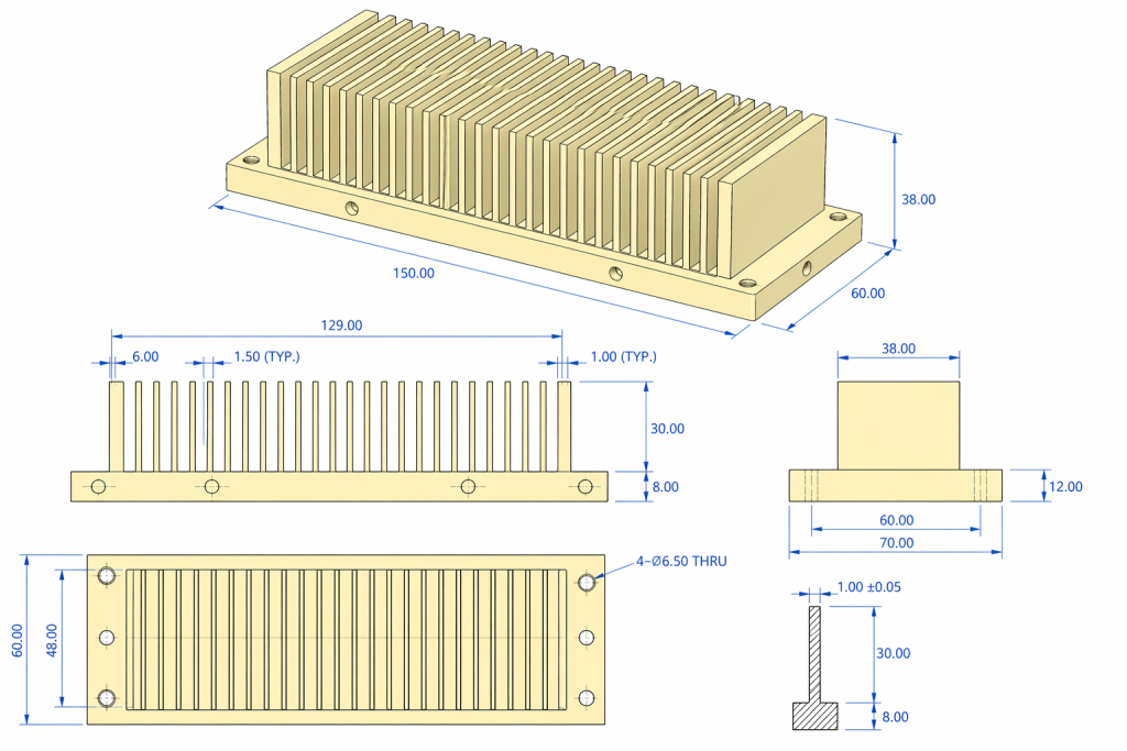 CAD model of aluminum heat sink showing thin fin structure airflow channels and rigid mounting base