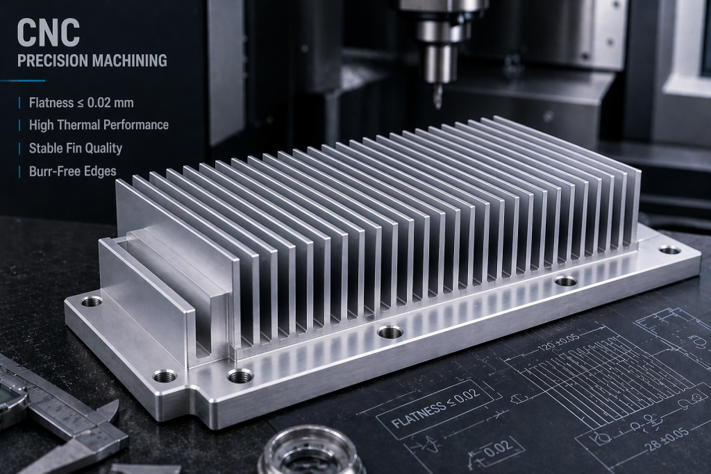 CNC machined aluminum heat sink showing thin fin geometry and flat mounting base for thermal contact
