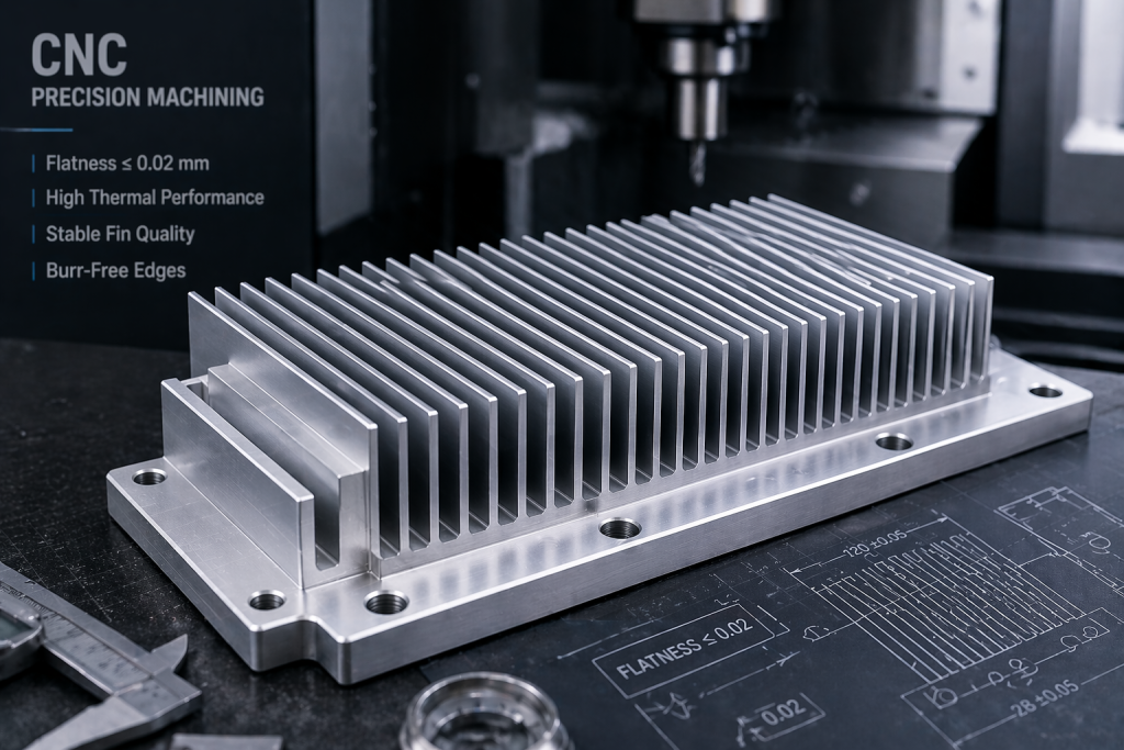 CNC machined aluminum heat sink showing thin fin geometry and flat mounting base for thermal contact