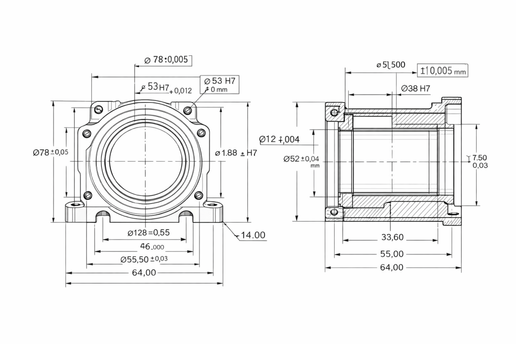motor housing 2D CAD drawing with dimensions and tolerances