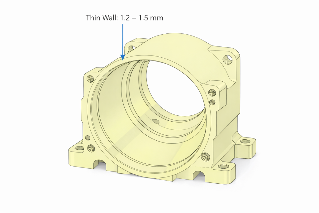 motor housing cad model showing thin wall thickness