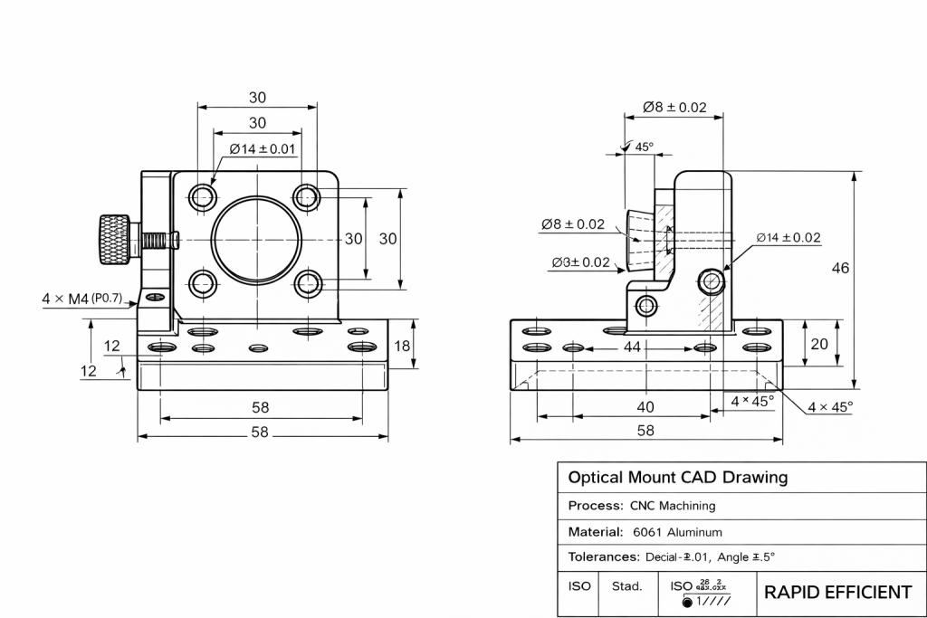 2D engineering drawing of aluminum optical mount with hole position tolerances