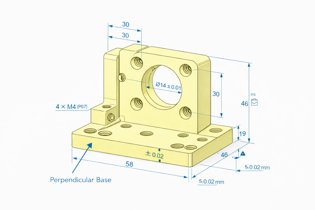 CAD model of optical mount showing precision hole layout and mounting structure