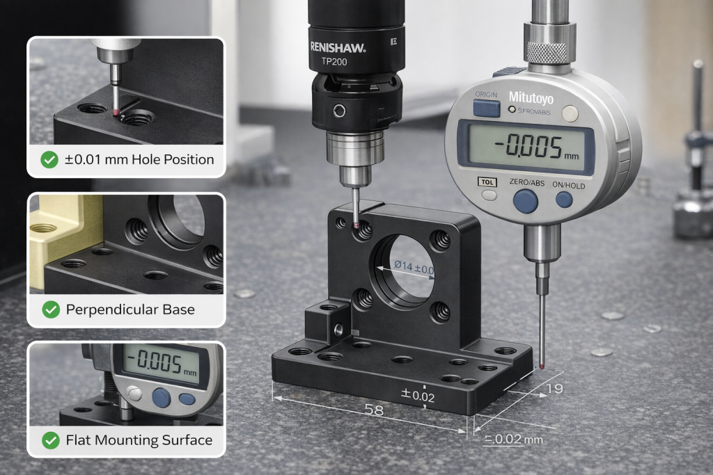 precision tolerance detail of optical mount showing hole alignment and flatness requirement