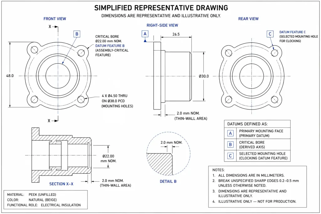 Simplified 2D engineering drawing of a representative unfilled PEEK housing showing a primary mounting face, critical bore datum axis, four-hole mounting pattern, selected clocking hole, and nominal thin-wall areas.