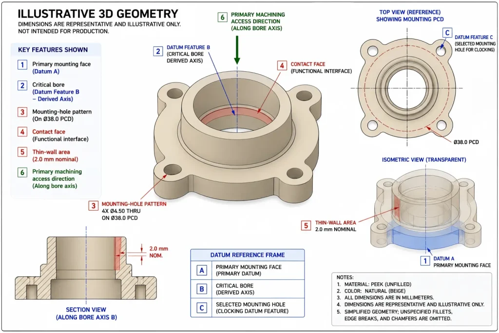 CAD-style 3D technical illustration of a representative unfilled PEEK housing showing the primary mounting face, critical bore datum axis, four-hole mounting pattern, selected clocking hole, functional contact face, thin-wall area, and machining access direction.