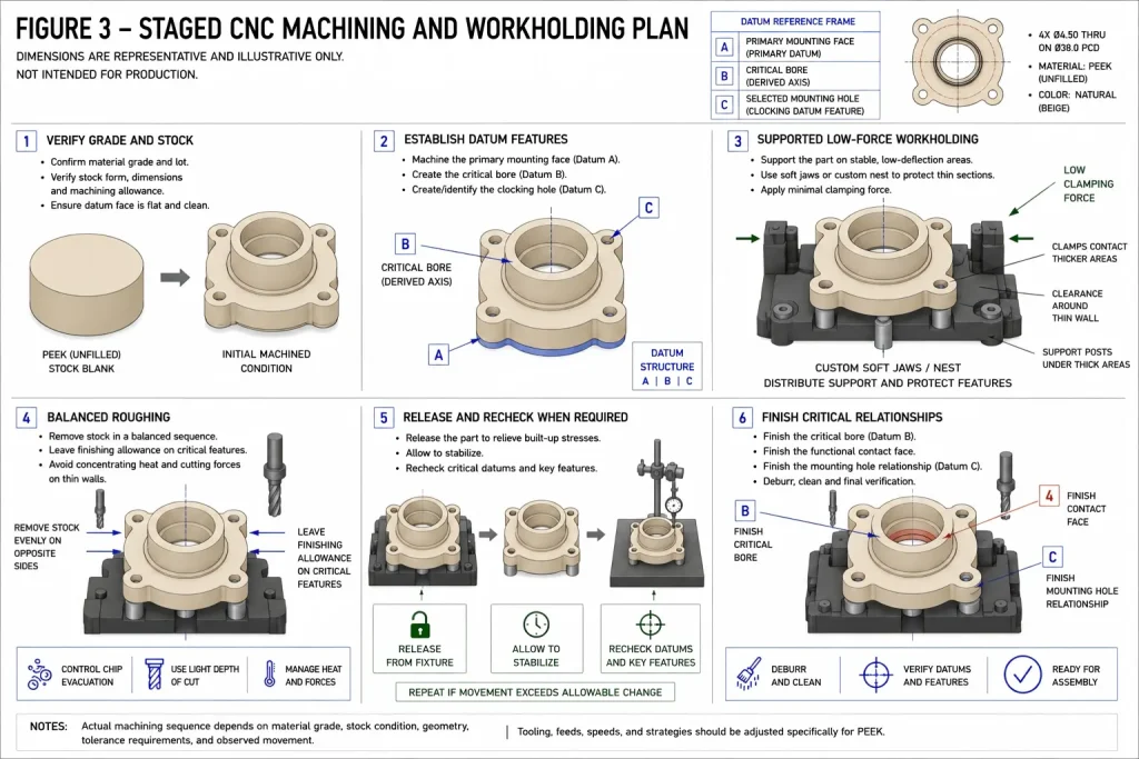 CAD-style staged CNC machining workflow for a representative unfilled PEEK housing showing material verification, datum establishment, supported low-force workholding, balanced roughing, stabilization and rechecking, and final critical-feature machining.