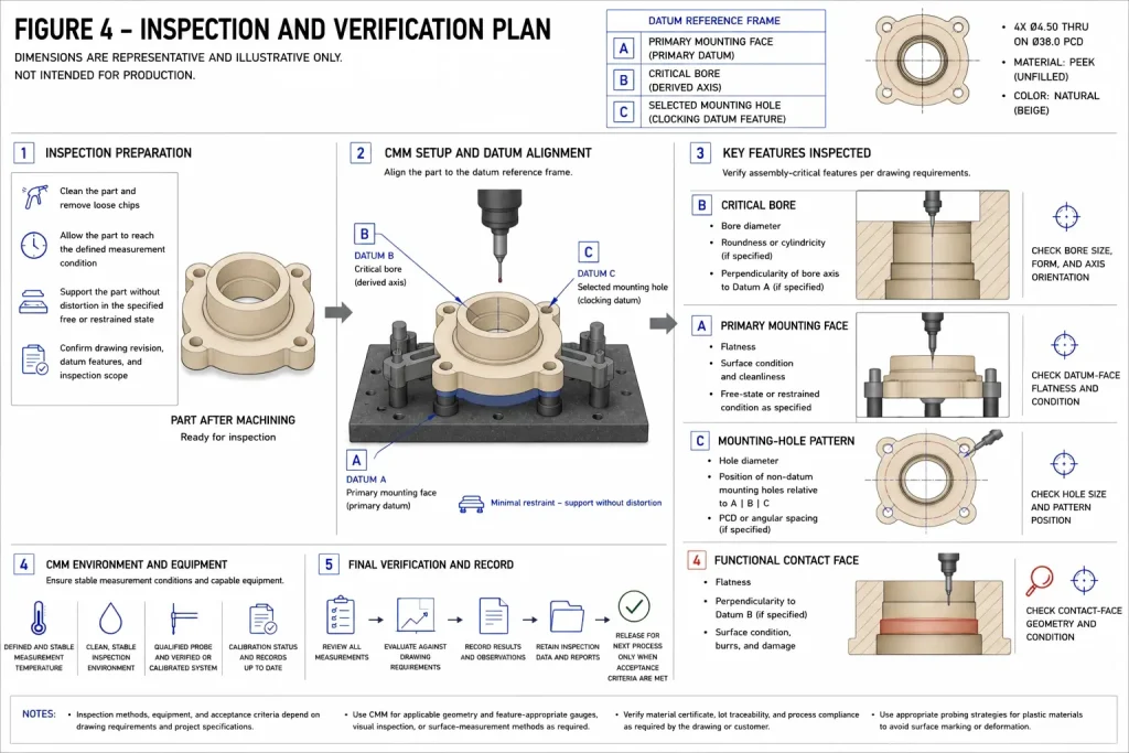 CAD-style inspection and verification plan for a representative unfilled PEEK housing showing datum alignment, critical-bore inspection, mounting-face checks, mounting-hole pattern measurement, contact-face verification, and final inspection records.