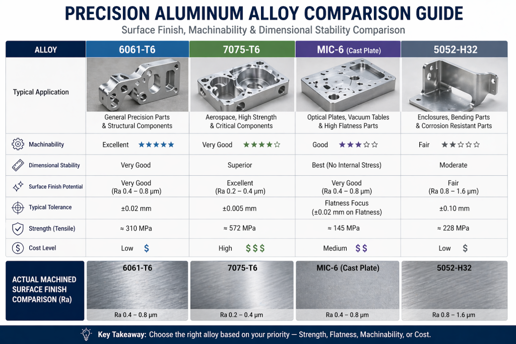 aluminum machining surface finish comparison 6061 7075 MIC-6 and 5052