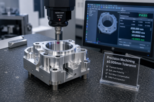 CNC machined aluminum precision component with ±0.005mm tolerance under CMM inspection