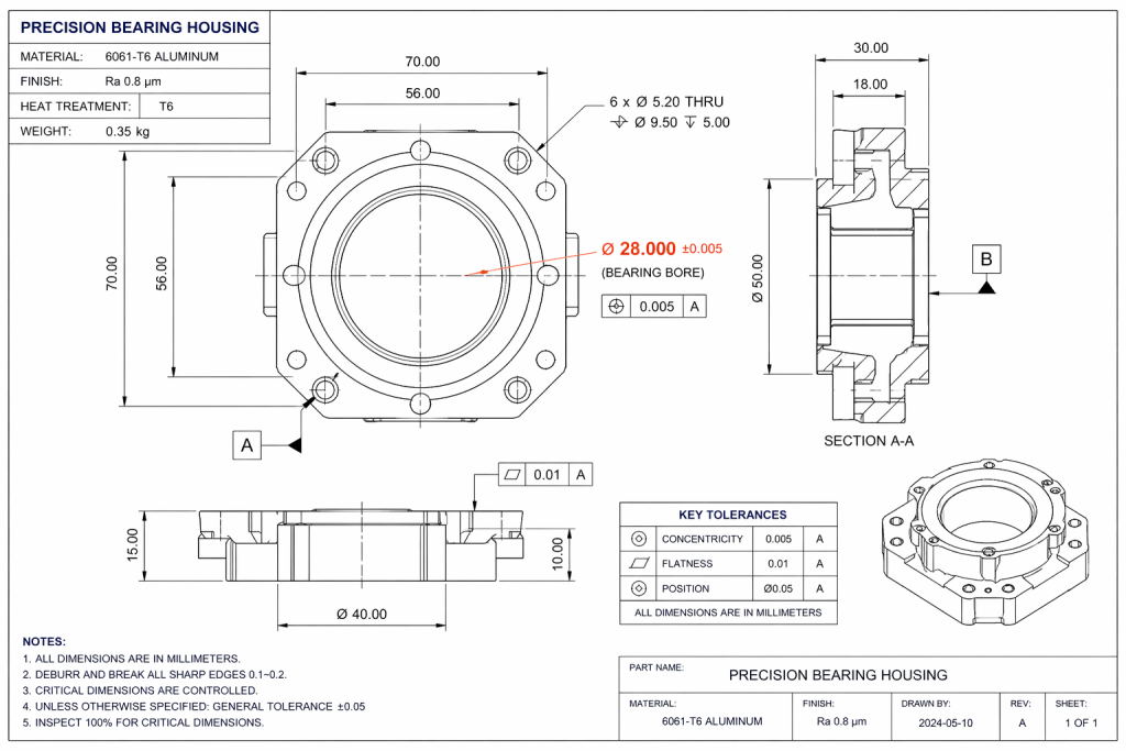 CAD drawing of precision aluminum housing with ±0.005mm bore tolerance and concentricity callouts