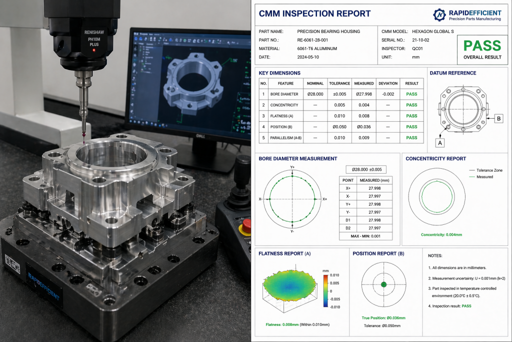CMM inspection report verifying 5 micron tolerance on CNC aluminum precision component