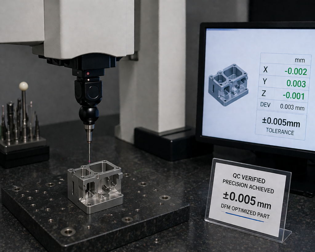 Verification of ±0.005mm accuracy after DFM optimization at RapidEfficient