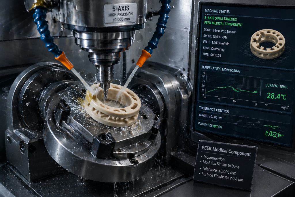5-axis CNC machining of a PEEK medical component with real-time temperature monitoring