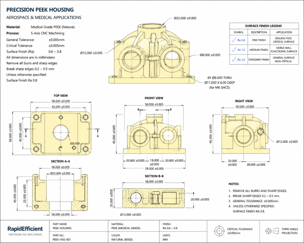PEEK parts CNC machining process with 3D model for aerospace applications