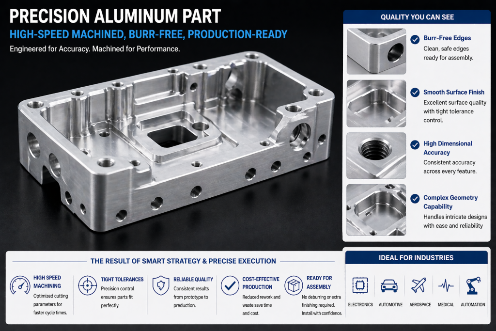 high speed machined aluminum precision part with smooth burr free surface finish