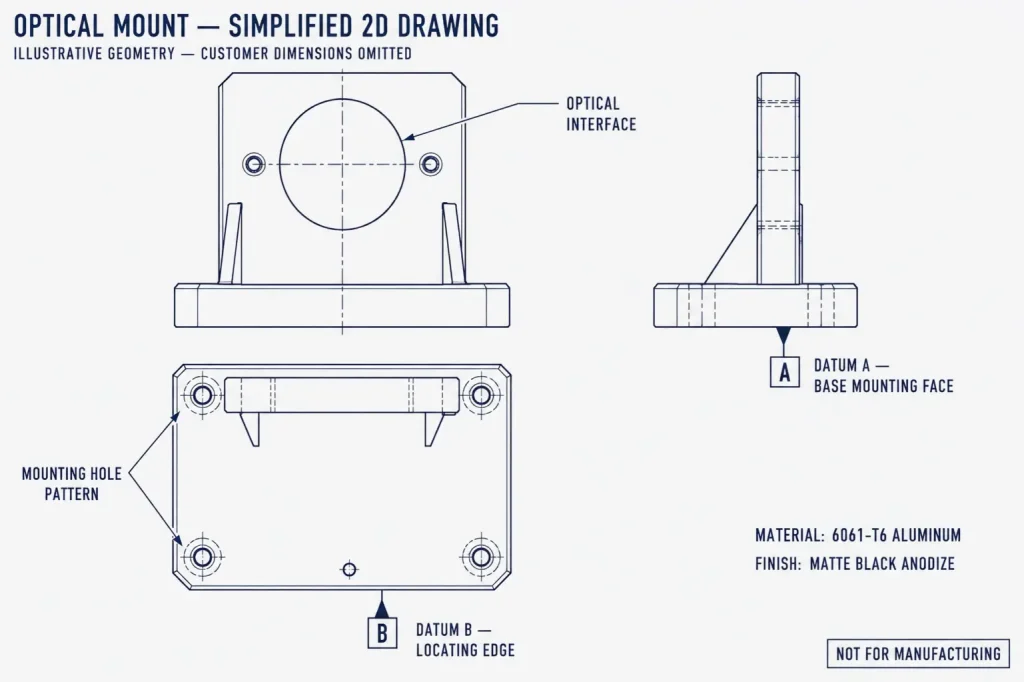 Simplified 2D engineering drawing of a 6061-T6 aluminum optical mount showing Datum A, 日期 B, the optical interface, and mounting hole pattern