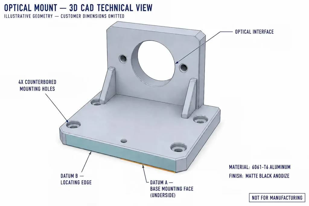 Annotated 3D CAD view of a 6061-T6 aluminum optical mount showing the optical interface, four mounting holes, 基准A, and Datum B
