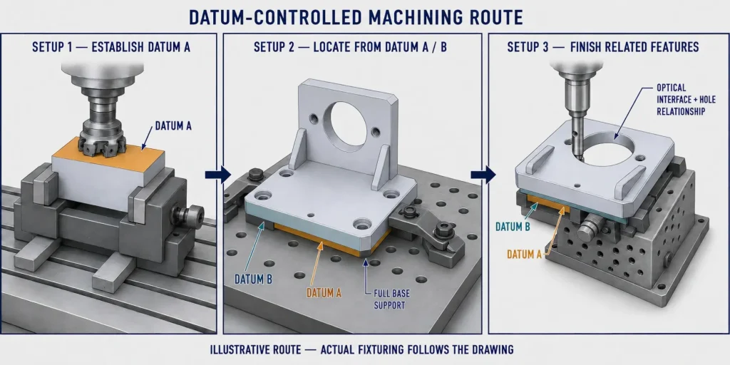Three-step datum-controlled machining route for an aluminum optical mount showing Datum A establishment, Datum A/B locating, and related-feature finishing