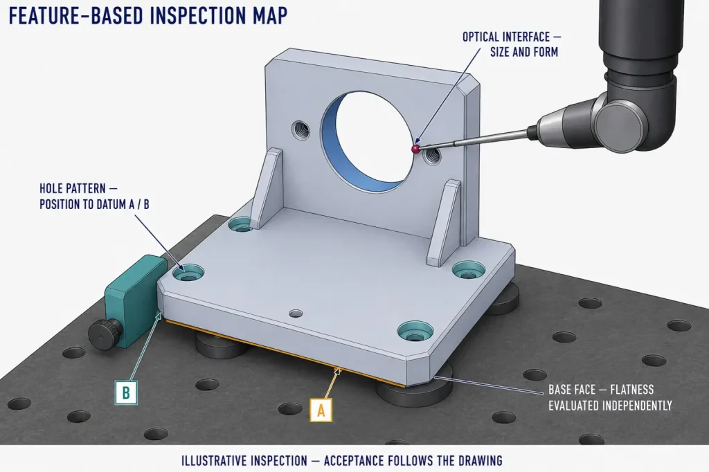 Feature-based CMM inspection map for an aluminum optical mount showing bore contact, hole position to Datum A/B, and independent base-face flatness evaluation