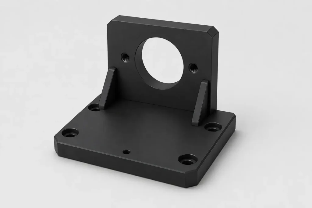 Illustrative matte black anodized aluminum optical mount with a circular interface, four counterbored mounting holes, 定位孔, and reinforced base
