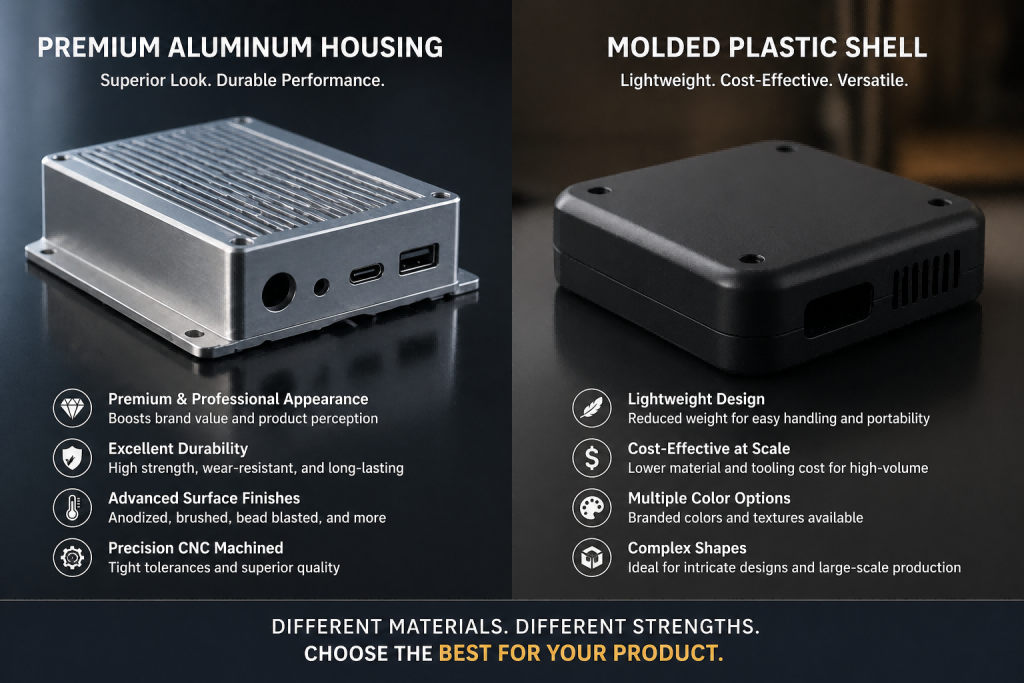 premium aluminum product housing compared with molded plastic consumer product shell