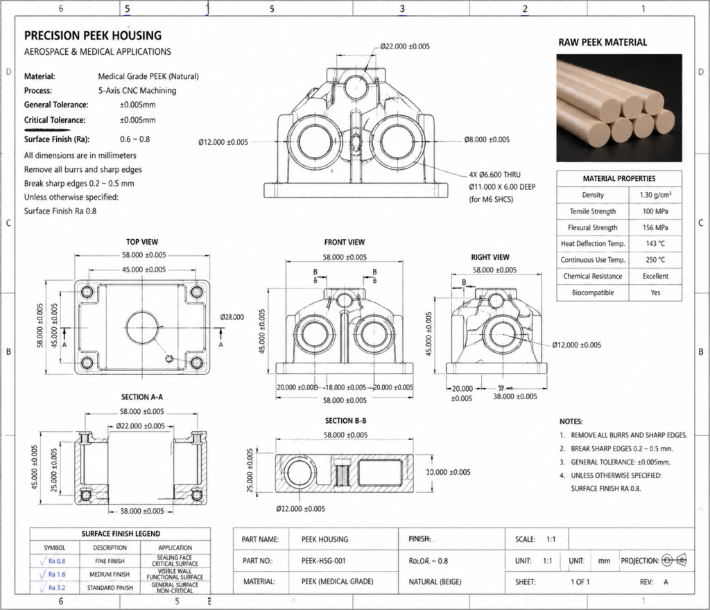 Raw PEEK rods alongside technical drawings showing critical ±0.005mm dimensions