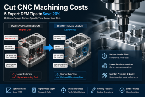 Technical DFM analysis showing optimized tool paths and reduced spindle time for precision components