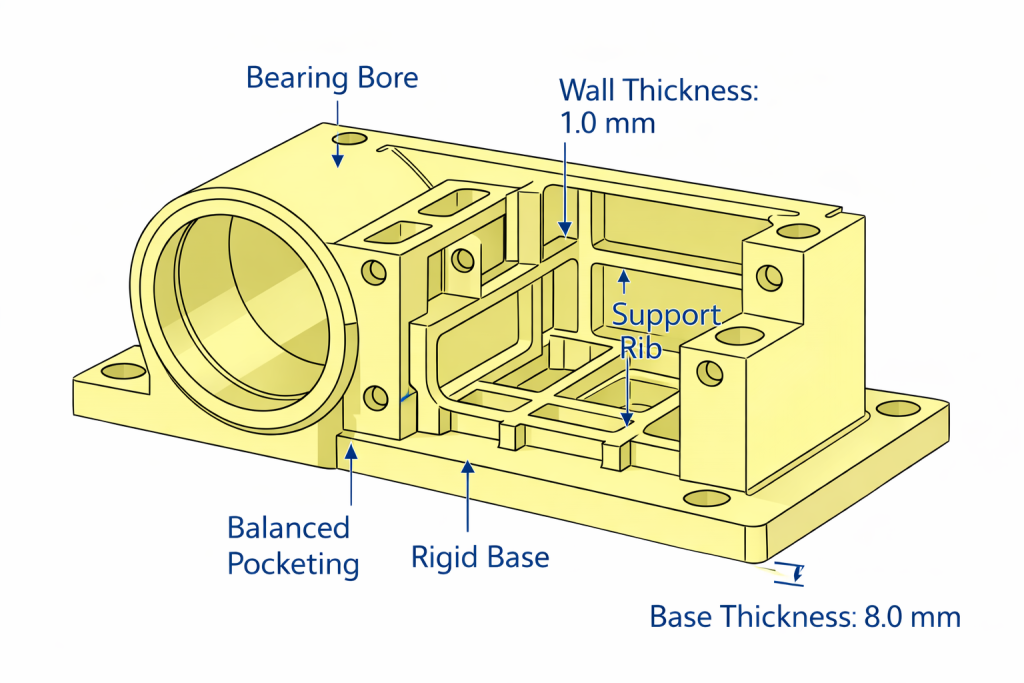 CAD model of thin wall aluminum housing showing lightweight pocket structure
