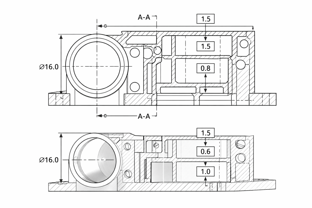 Engineering drawing of thin wall aluminum CNC housing with wall thickness dimensions
