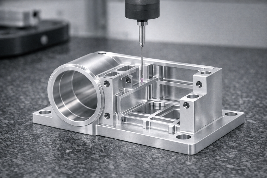 CMM inspection of CNC machined thin wall aluminum housing for dimensional accuracy