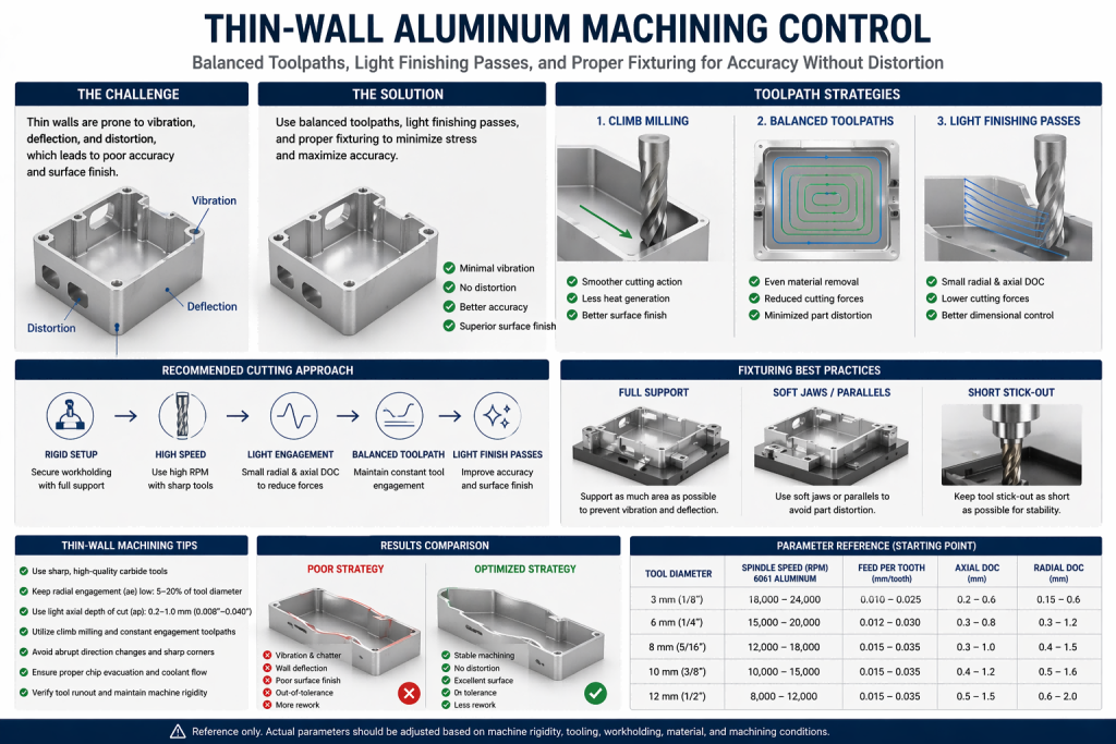 thin wall aluminum CNC machining using balanced toolpaths and light finishing passes