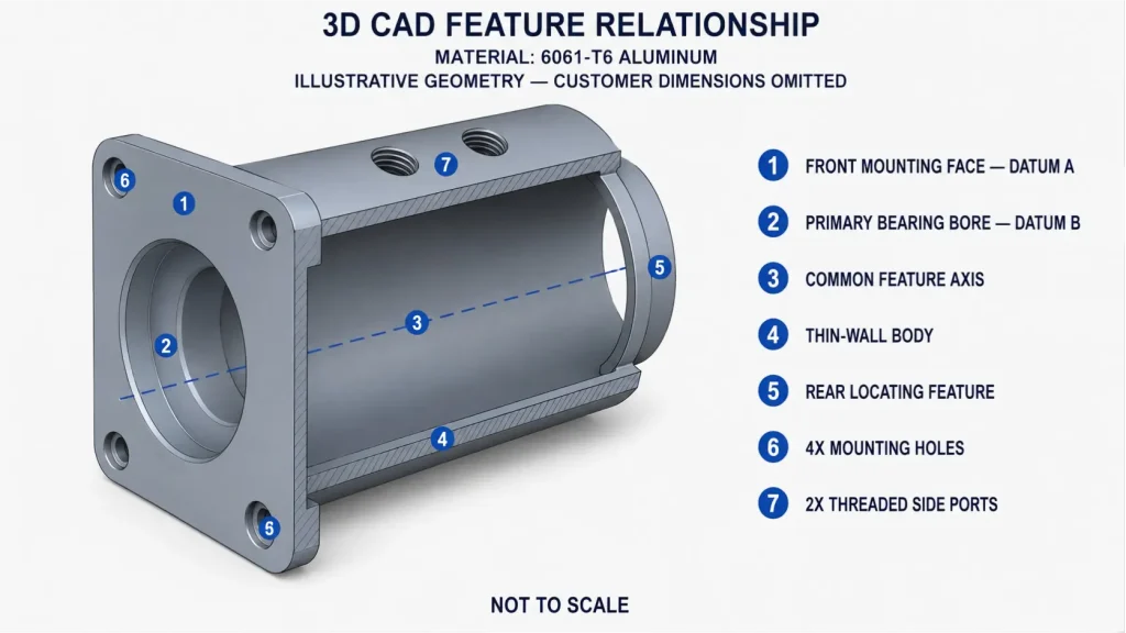 带注释的 6061-T6 薄壁铝制电机外壳 3D CAD 剖面图，显示其轴承孔, 安装面, 共同轴, 和定位特征