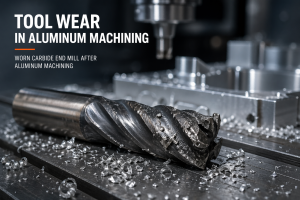 带切屑和 CNC 刀具背景的铝加工后磨损的硬质合金立铣刀