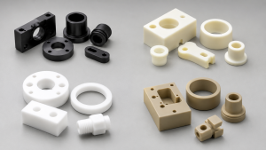 CNC machined plastic parts including POM, Nylon, PTFE, and PEEK for precision machining material comparison.