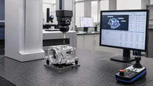 CMM inspection for CNC machined parts showing precision measurement, GD&T verification, and quality control report.
