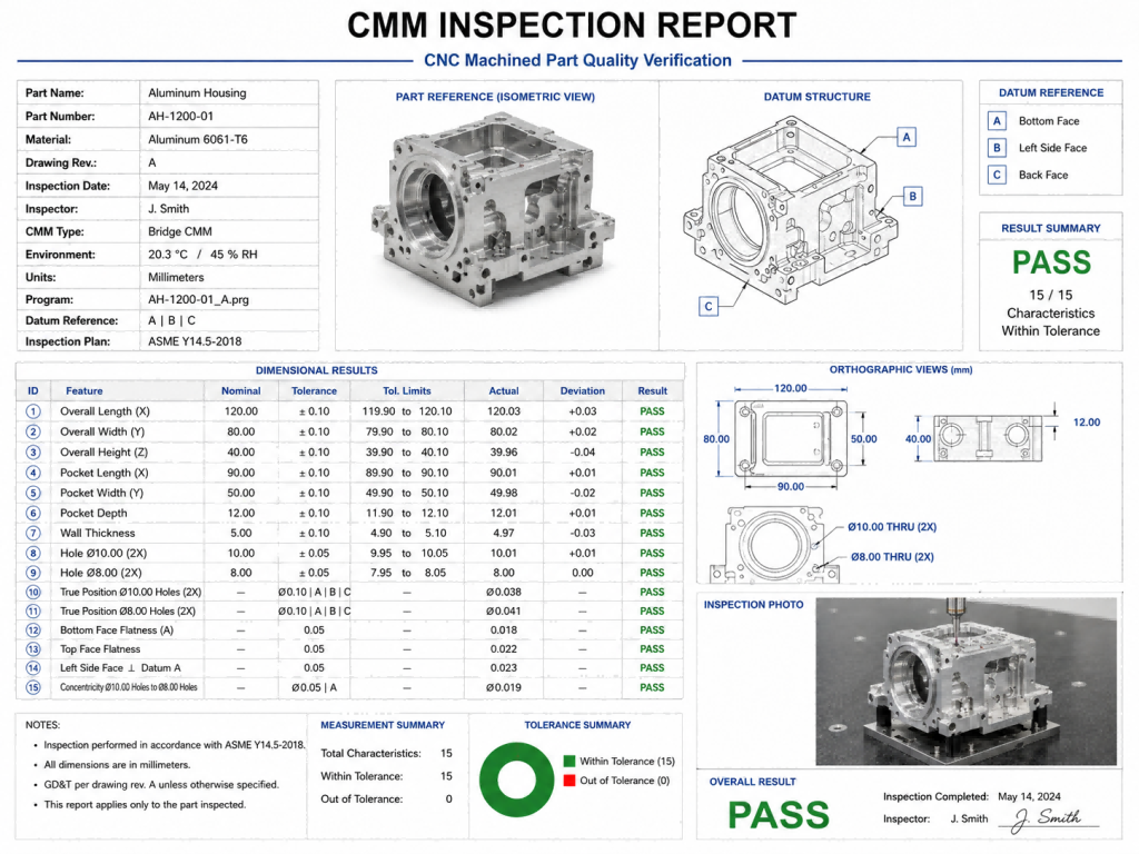 显示测量值的 CMM 检查报告, GD&T 标注, 容忍限度, CNC 加工零件的 PASS 结果.