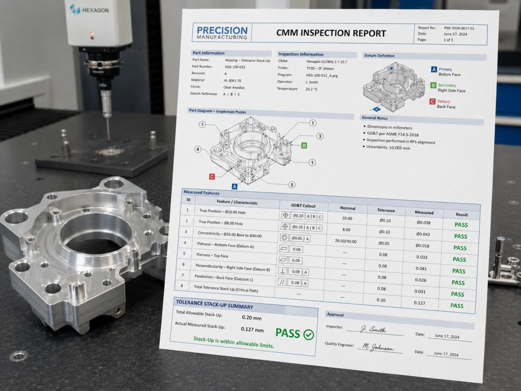 CMM inspection report checking true position, 平整度, 同心度, and tolerance stack-up for CNC machined parts.