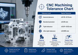 CNC machining tolerance chart showing standard tolerances by material, Verfahren, and feature type for precision parts.
