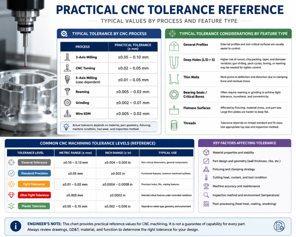 Practical CNC machining tolerance reference chart showing typical values by process and feature type.