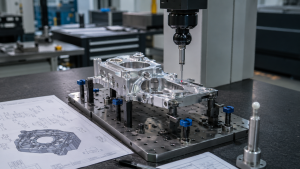 CNC machining tolerance stack-up analysis showing datum control, fixture setup, and CMM inspection for precision parts.
