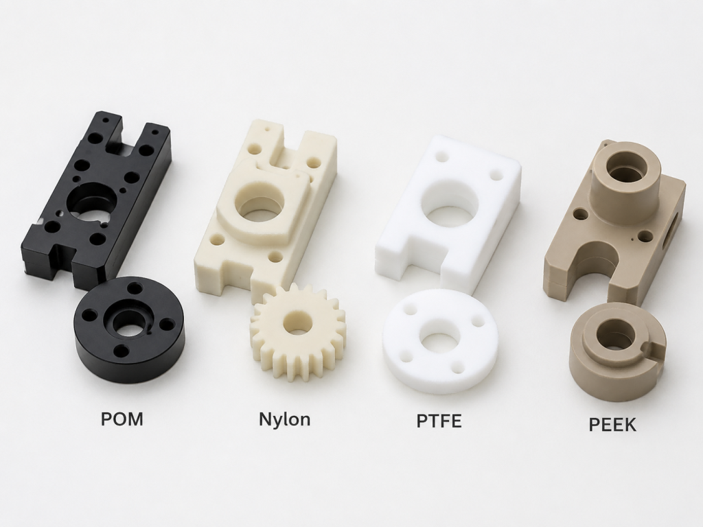 CNC machined POM, Nylon, PTFE, and PEEK parts arranged for engineering plastic material comparison.